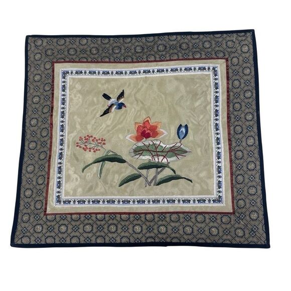 Vtg Chinese Silk Embroidered Old Tapestry 12.5"x 11.5" Multicolor Flowers & Bird - Picture 5 of 7